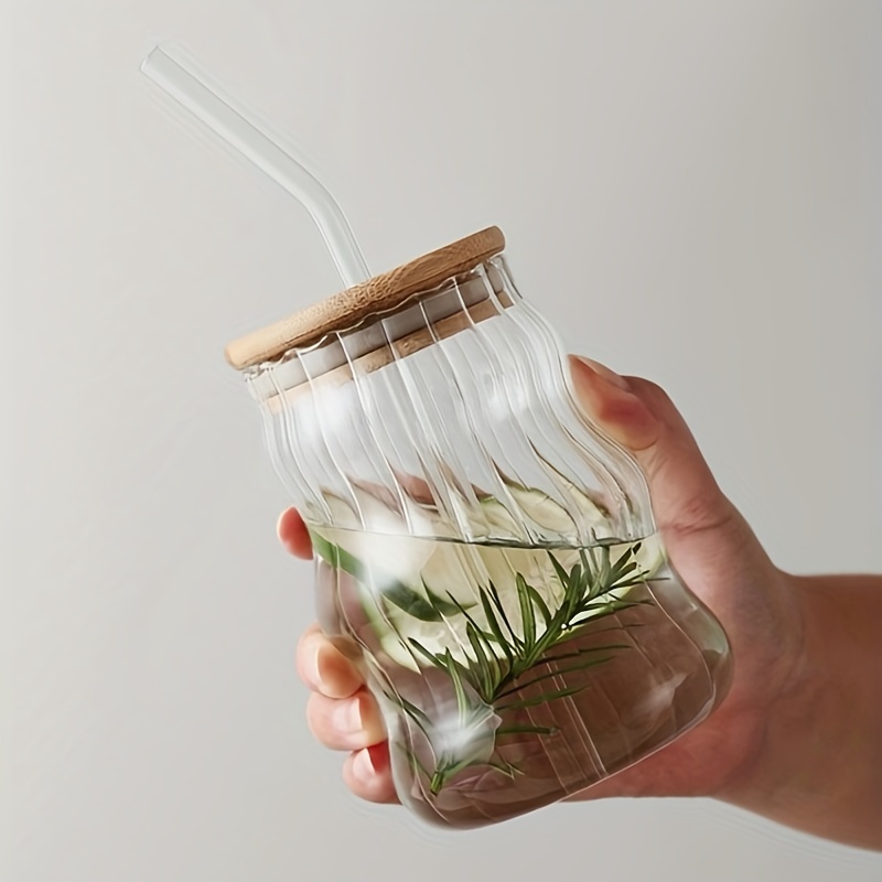 Iced Coffee GlassesStripe Glass Cup With Lid And Straw Transparent