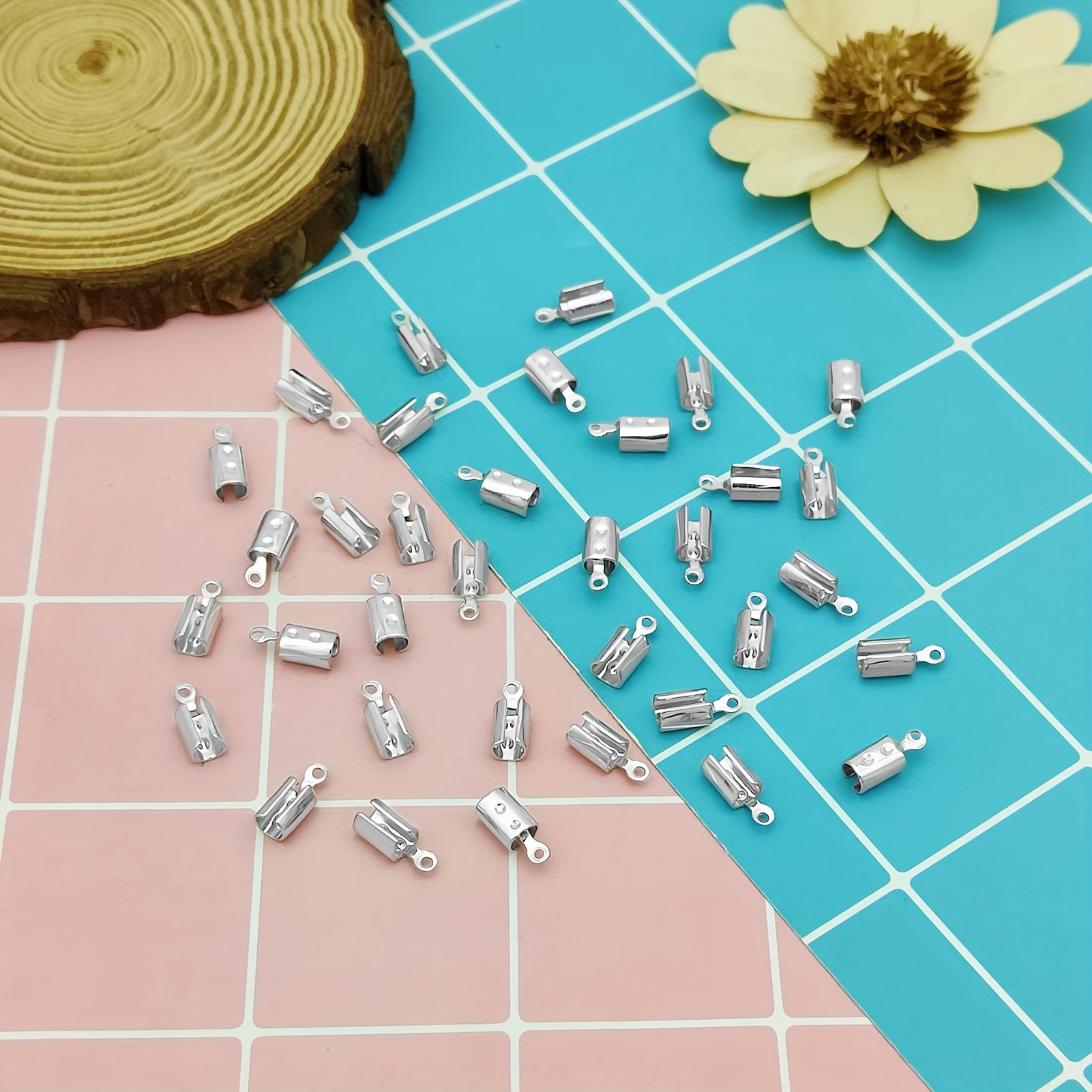 600pcs Jewelry Making Cord Ends Fold Over Cord Ends Stainless Steel Fold  Crimp Ends Leather Ribbon Clamp Clasp for DIY Necklaces Bracelets Tassel,5  x