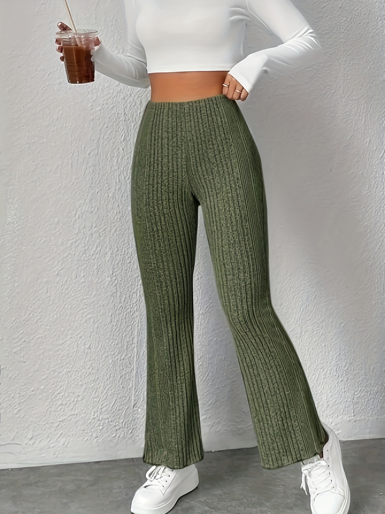 Womens Flare Pants Solid High Waist Ribbed Knit Casual Long Leg Pants  Casual Flair Leggings : : Clothing, Shoes & Accessories