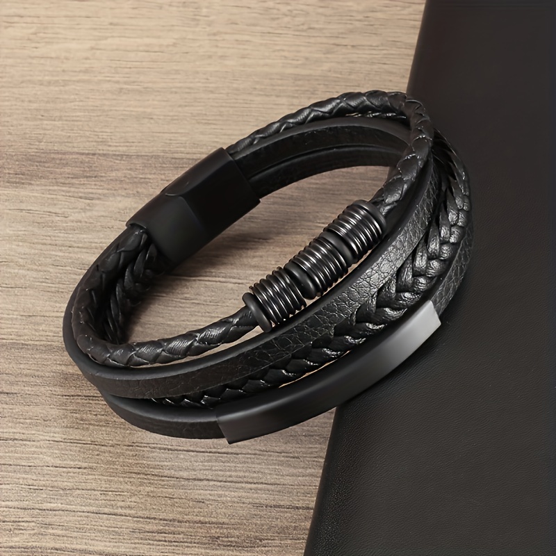 Classic Layer PU Leather Braided Bracelet with Magnetic Buckle