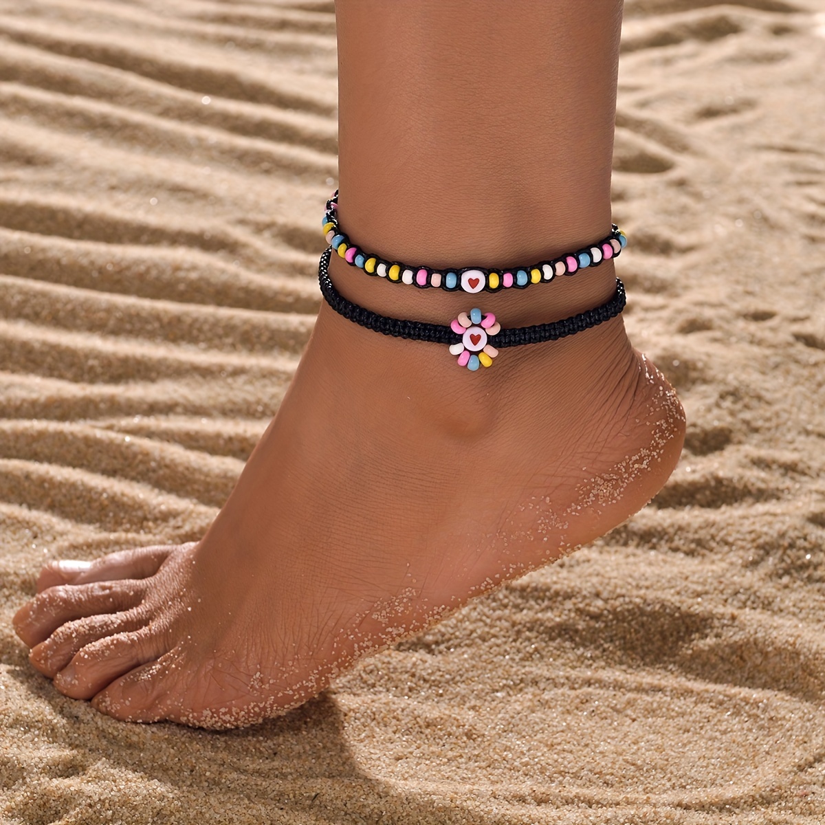 

2 Pcs Set Of Delicate Rainbow Rice Beads Flower Design Anklet Bohemian Elegant Style Stackable Adjustable Female Foot Chain