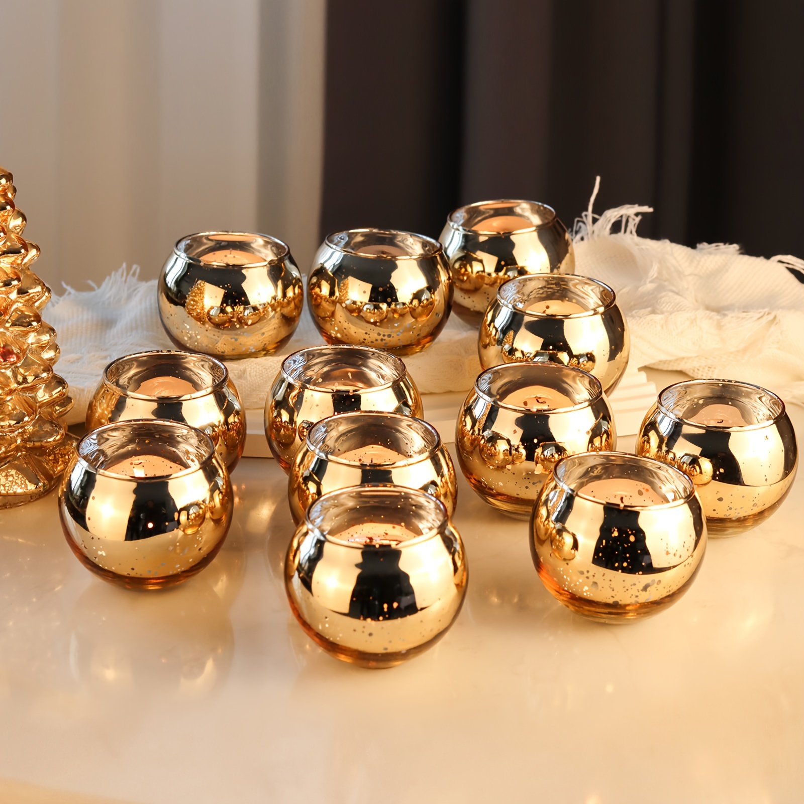 

12pcs, Golden Candle Holders Golden Tealight Candle Holders For Christmas Party Decorations, Round Glass Candle Holders Bulk For Wedding, Birthday, Anniversary, And Holiday Decor