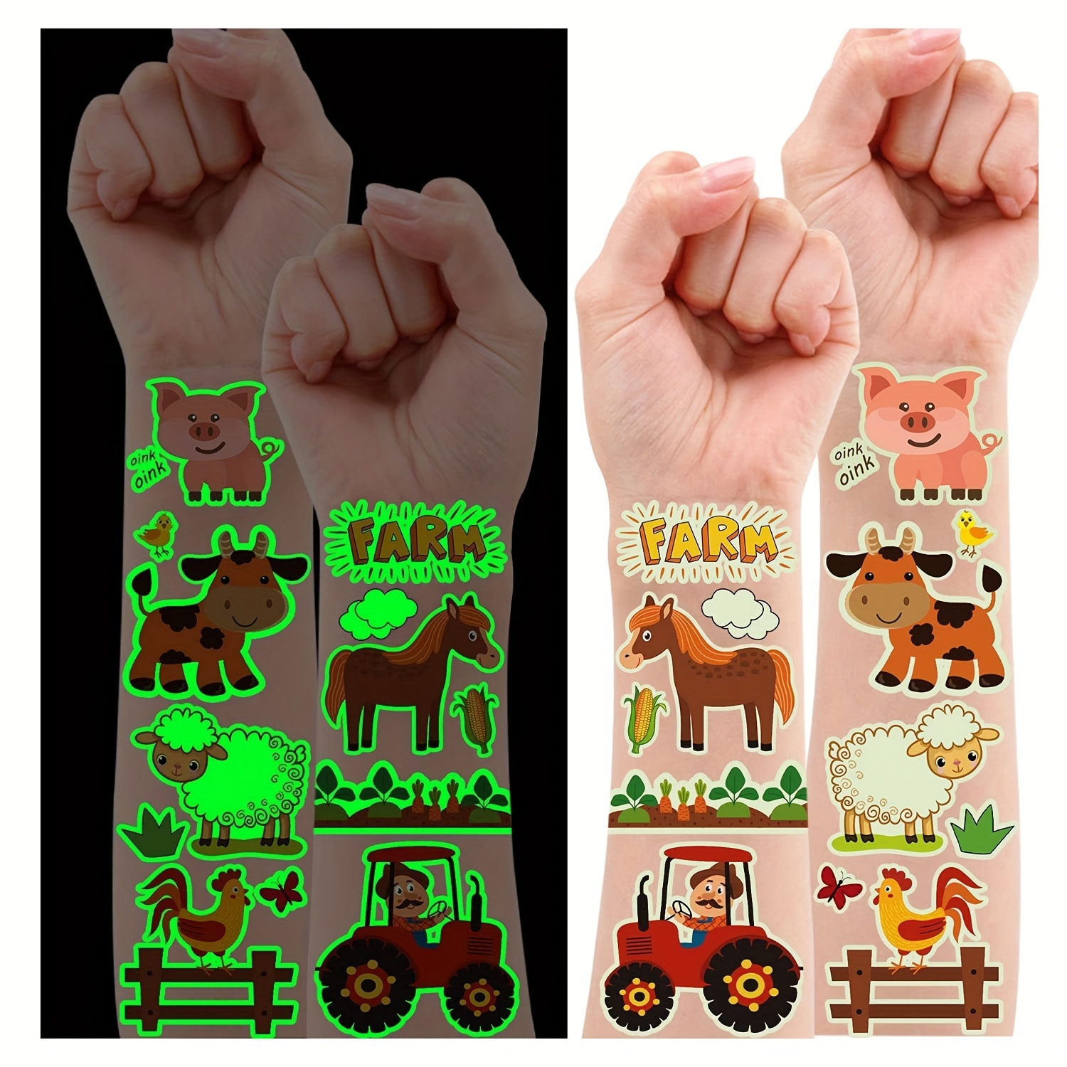 

165 Styles (12 Sheets) Glow Farm Animal Birthday Party Supplies Temporary Tattoos, Luminous Farm Party Decorations Favors, Glow Farm Tattoos Stickers Featuring Cow Horse Pig