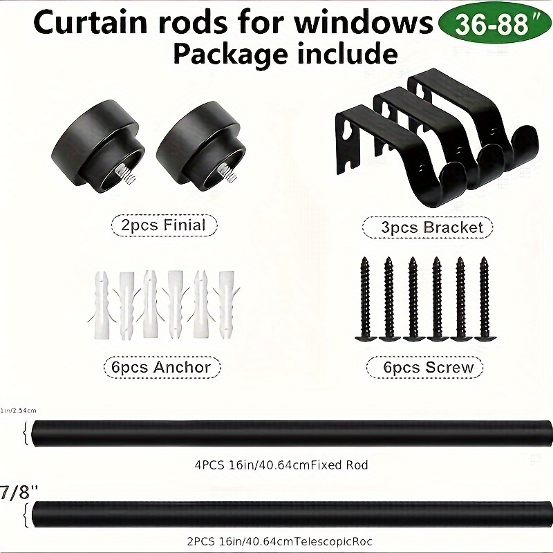 Barra de cortina negra para ventanas de 18 a 45 pulgadas (1.5-3.75 pies),  barras de cortina resistentes de 1 pulgada de diámetro, barra de cortina