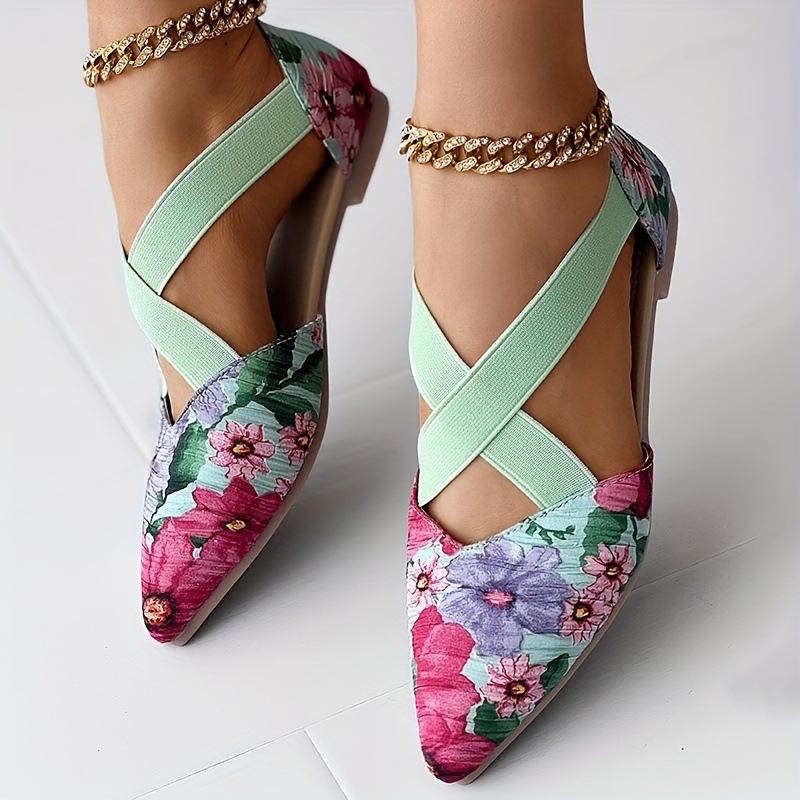 Women's Floral Print Flat Shoes Pointed Toe Elastic Cross - Temu