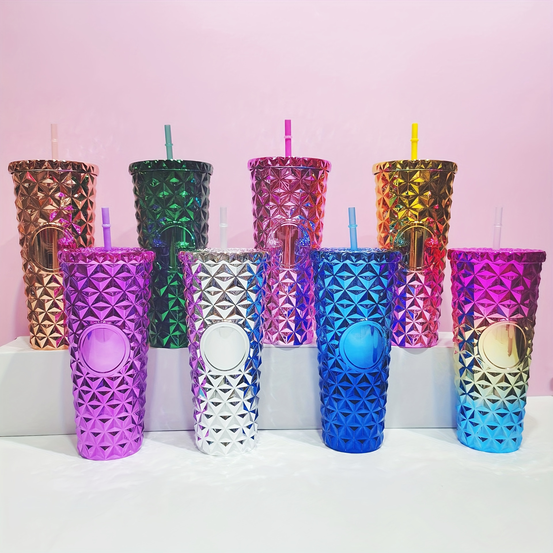 Shiny Studded Tumbler With Lid And Straw Electroplated - Temu