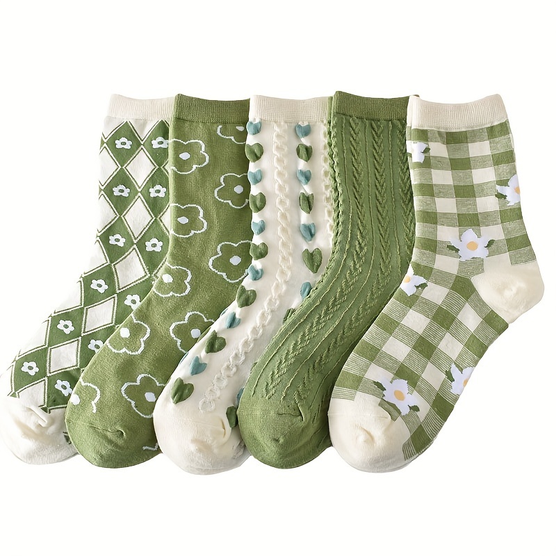 Image of 5 Pairs Women's Style 3d Relief Long Socks Sweet Heart Socks Ins Trendy Korean Court Style Cute Floral All-match Comfortable Long Diamond Socks