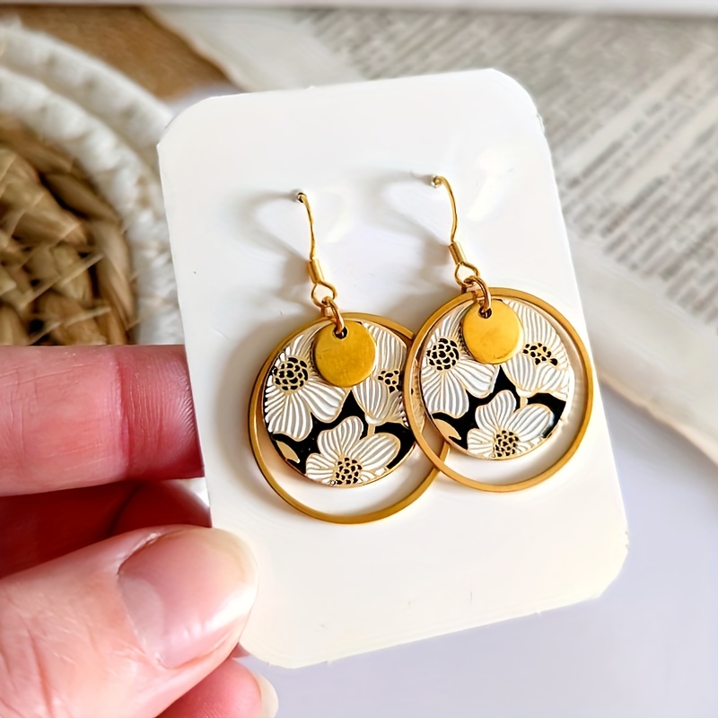 

1pair Simple Round Flower Pattern Dangle Earrings, Bohemian Fashion Ear Jewelry, Party Gift