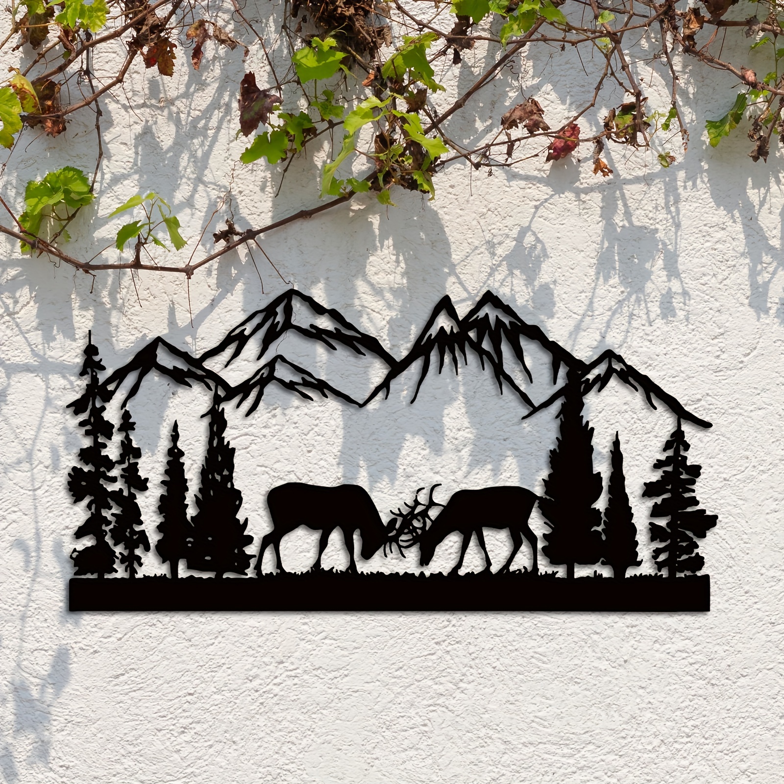 Art mural en métal rouillé forêt scène boisée cabane silhouette animale  faune