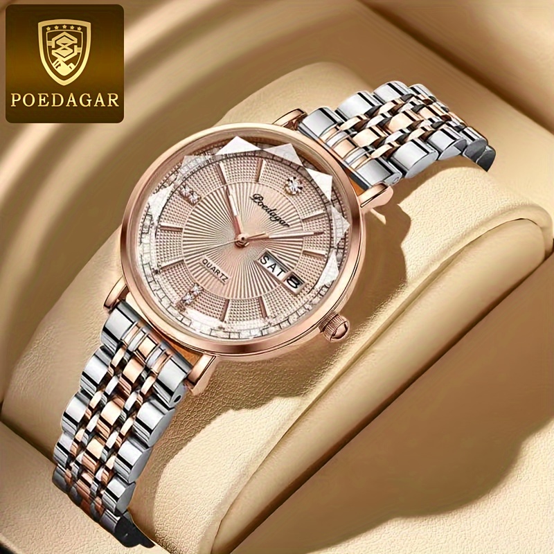 

Poedagar Women's Luxury Rhinestone Quartz Watch Cutting Dial Luminous Fashion Analog Stainless Steel Wrist Watch
