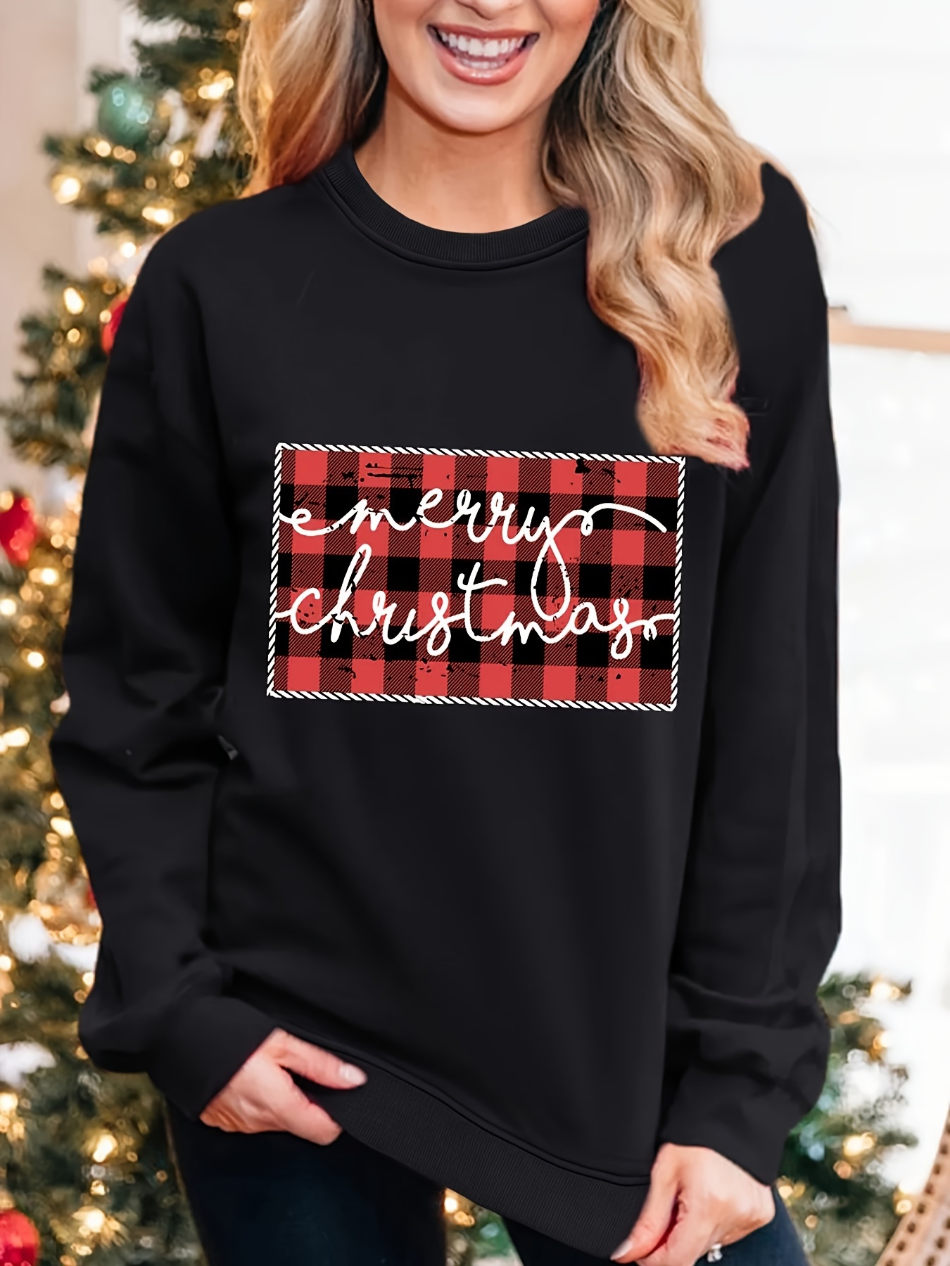 merry christmas print sweatshirt casual long sleeve crew neck sweatshirt womens clothing details 4
