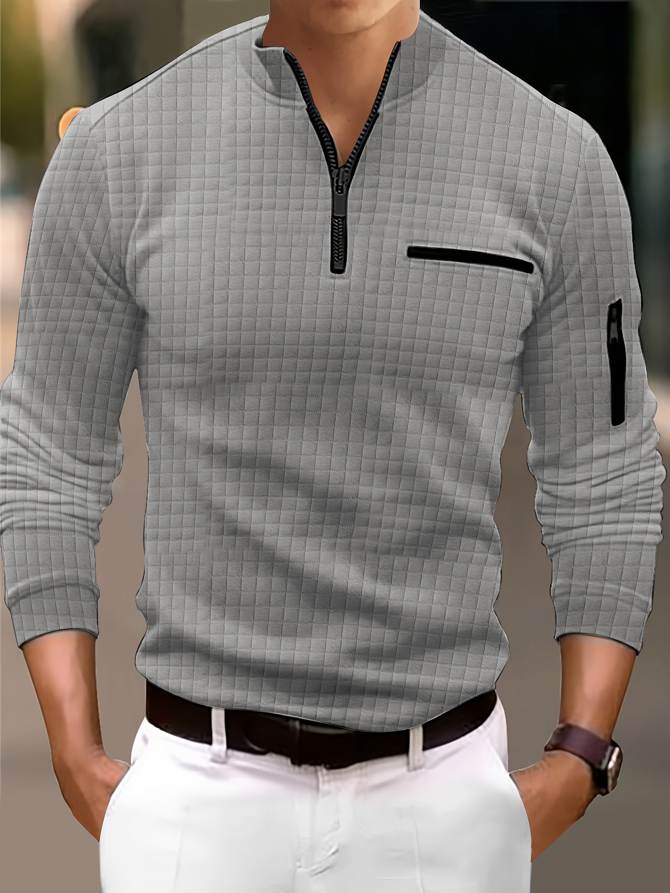 Suéter de Cuello para Hombre con Cremallera Jersey de Larga y  Estampado en Cuadros Regular, Ropa Casual de Otoño e Invierno
