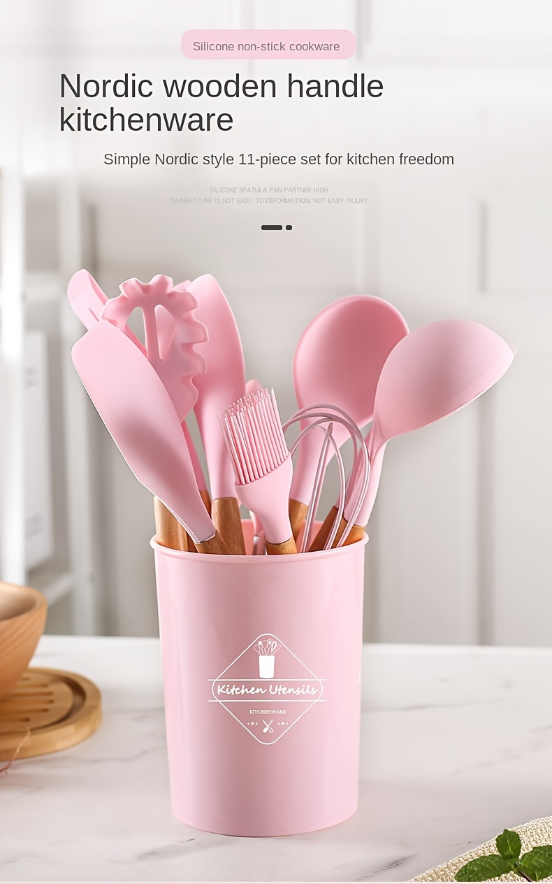 Pink Silicone Utensils Set With Plastic Holder