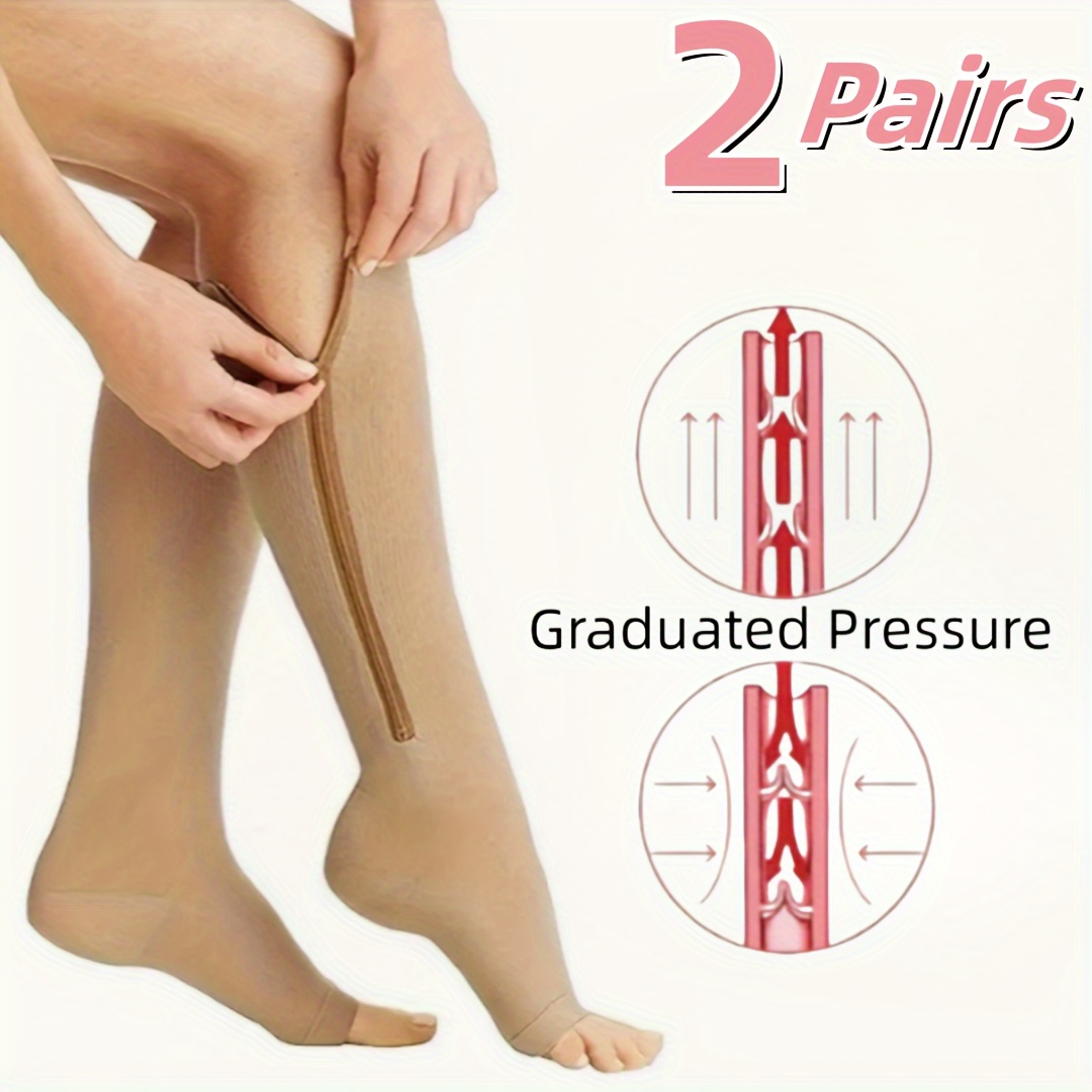 Zipper Medical Compression Open Toe Socks For Varicose Veins Support Beige  Black