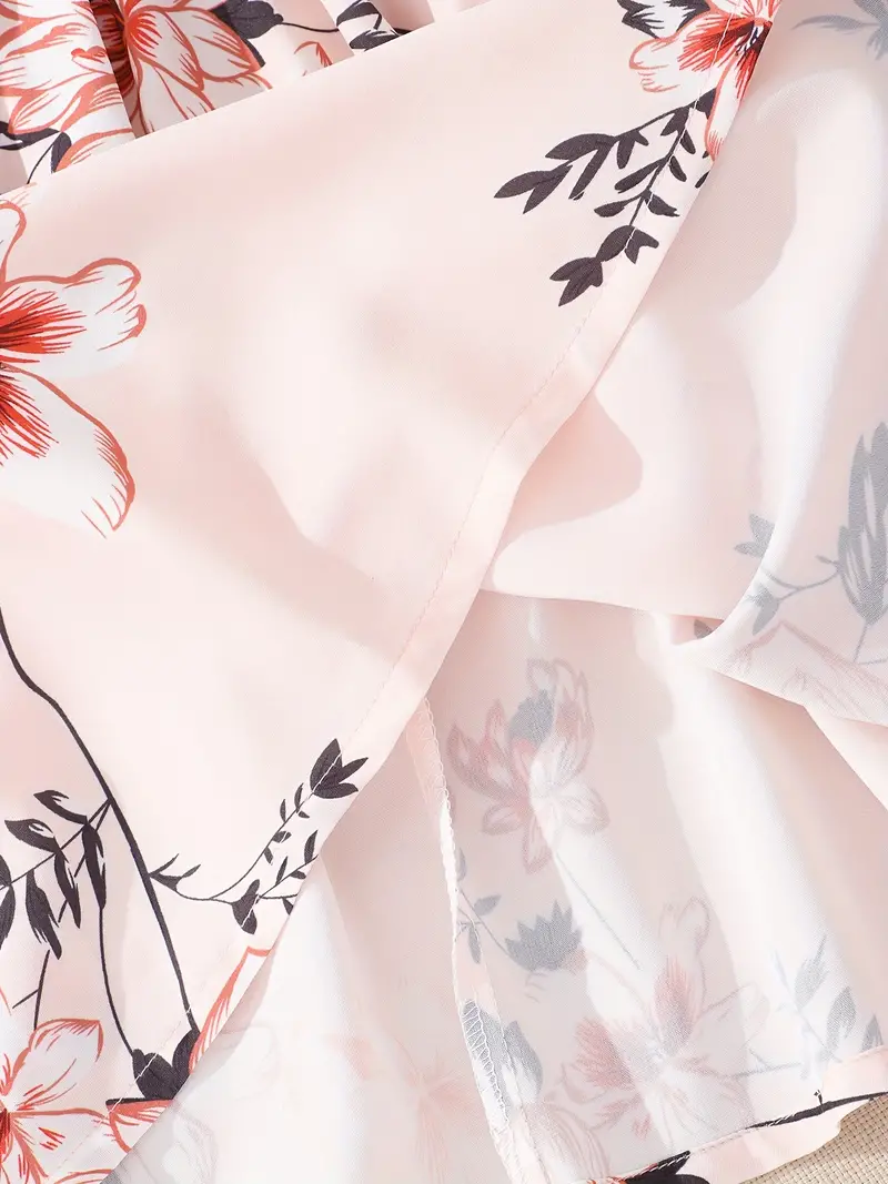 girls floral print shirred short sleeve casual dress belt for summer details 24