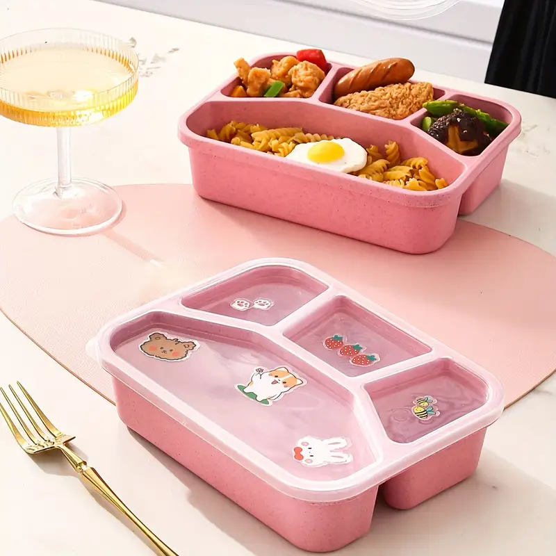 1pc New Creative Wheat Straw Divided Grid Lunch Box, Square Four Grid  Student Bento Box With Sticker, Square Divided Microwave Oven Bento Box,  Leakpro