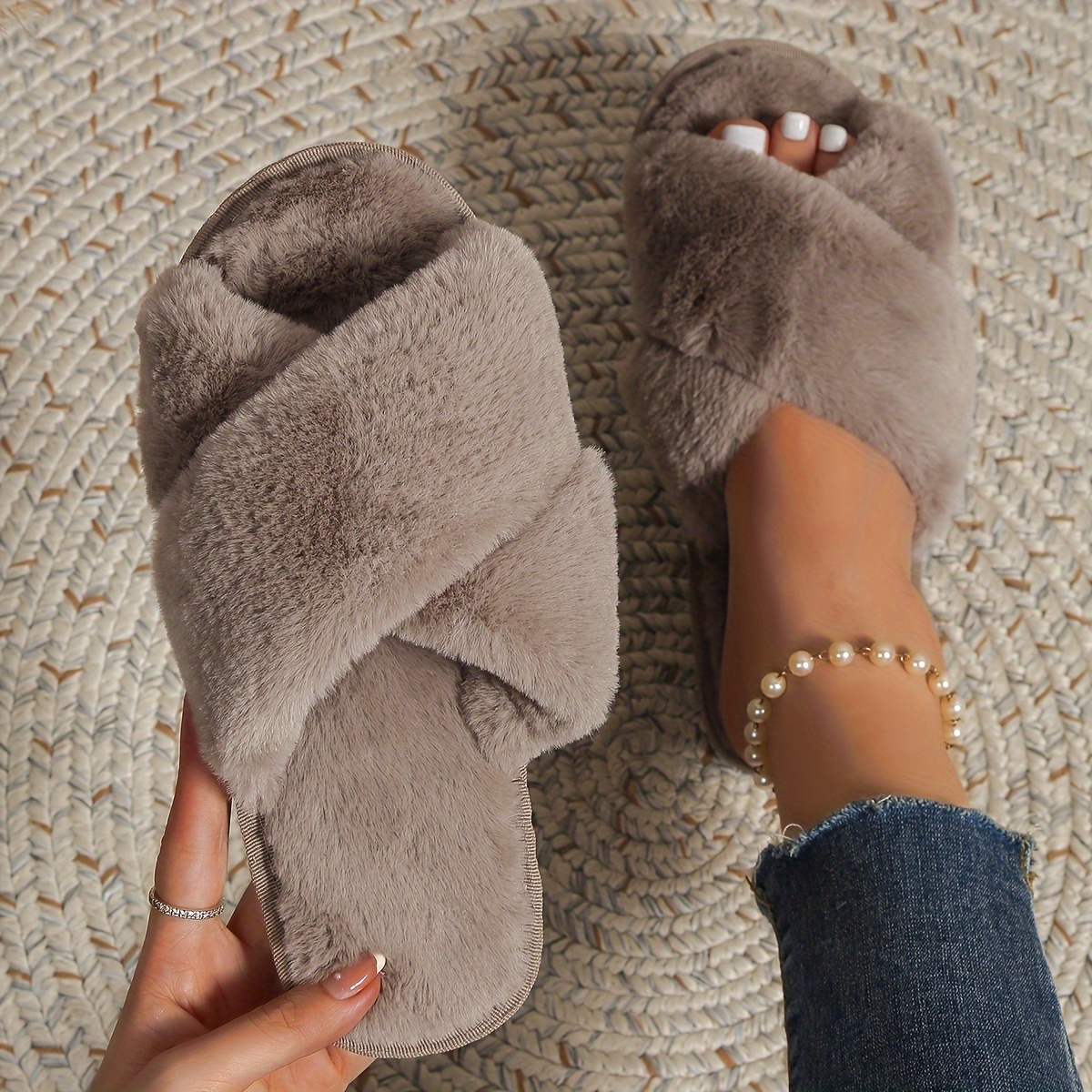 

Warm Solid Color Slippers, Casual Open Toe Plush Shoes, Comfortable Indoor Home Slippers