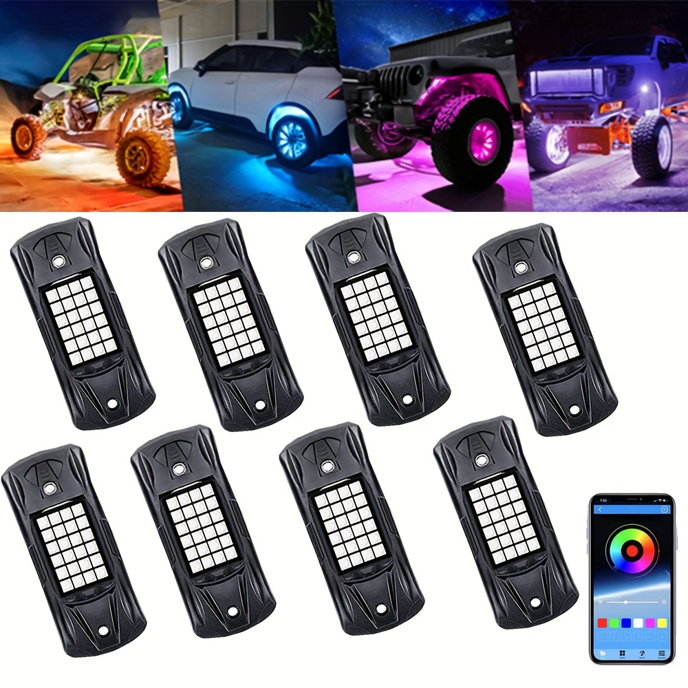 RGB LED Rock Lights Kit, 8 Pods High Brightness Car Underglow Neon Light  with APP Bluetooth Controller, Music Mode, IP67 Waterproof for Off Road  Truck ATV UTV SUV 