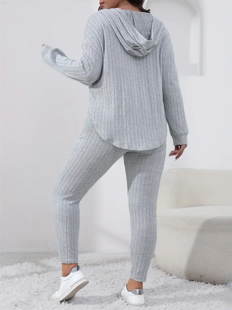 plus size casual outfit set womens plus solid long sleeve curve hem ribbed knit hoodie leggings outfits two piece set details 0