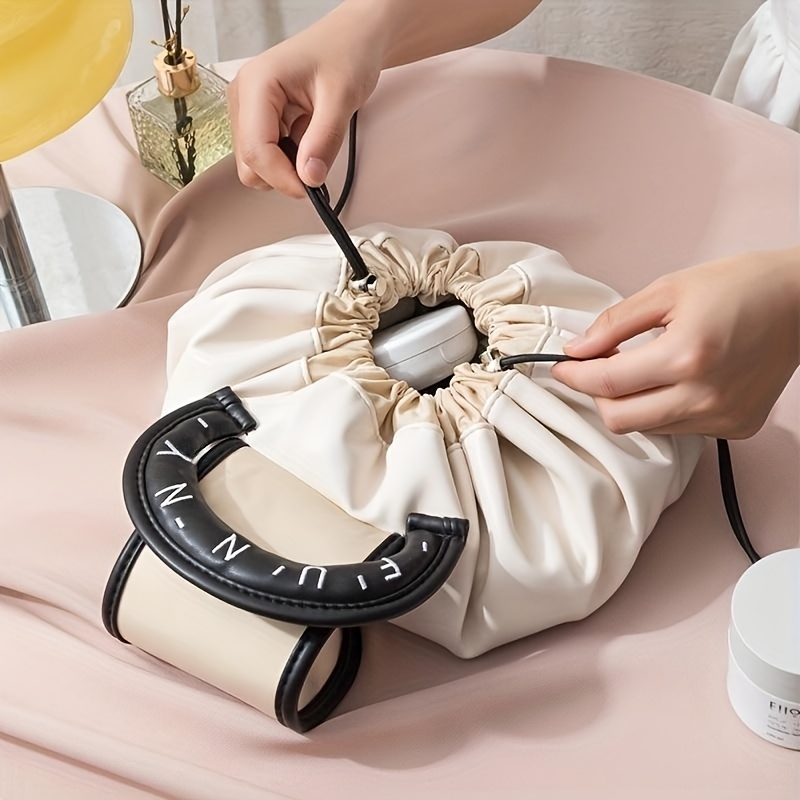 Drawstring Cosmetic Bag For Women, Large Capacity Travel Storage Bag,  Portable Pu Leather Makeup Bag - Temu