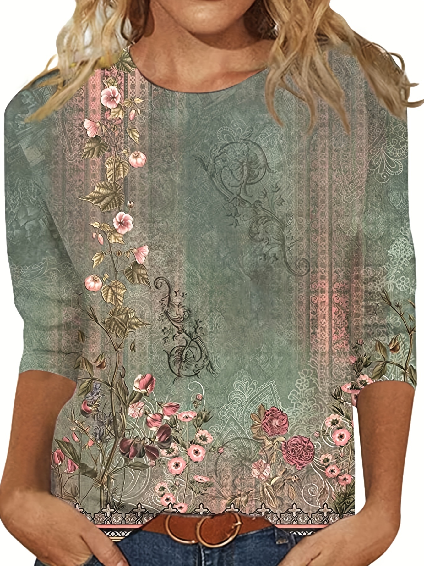 Embroidered Mesh Loose Blouses Vintage Crew Neck Long Sleeve - Temu
