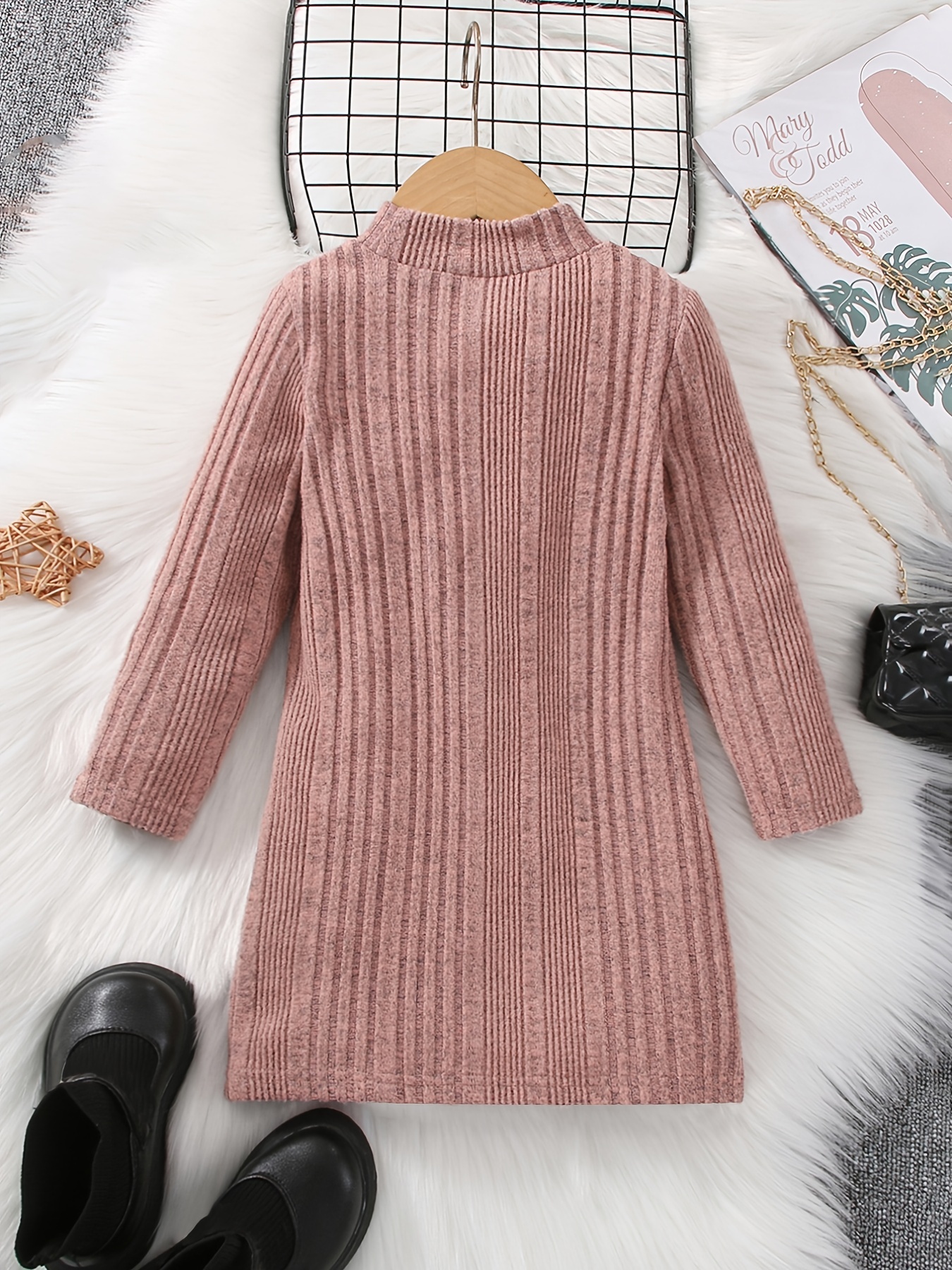 Girls Casual Knitted Thermal Crew Neck Sweater Dress For Winter