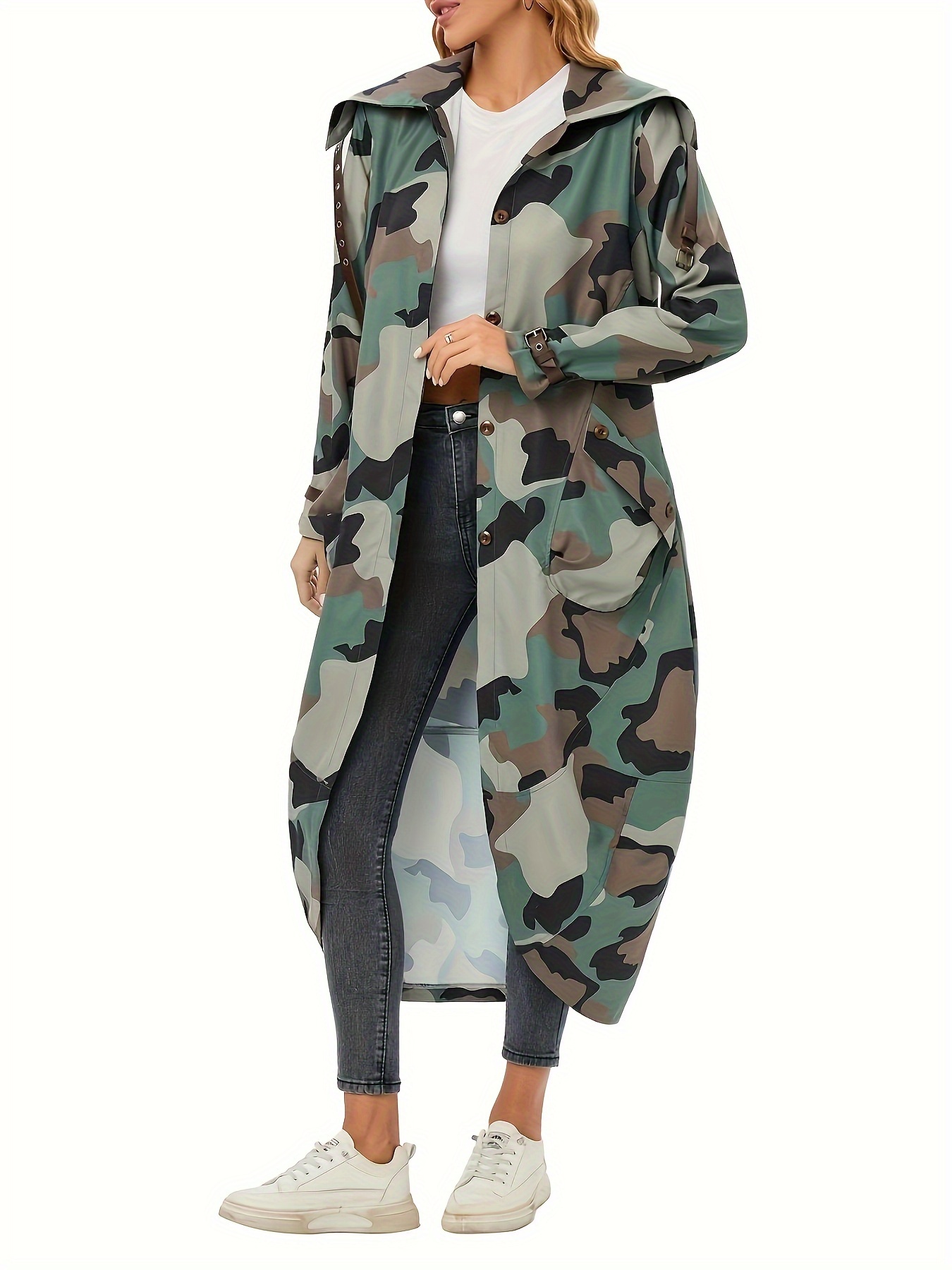 camo print button front lapel jacket casual long sleeve pocket buckle midi coat womens clothing