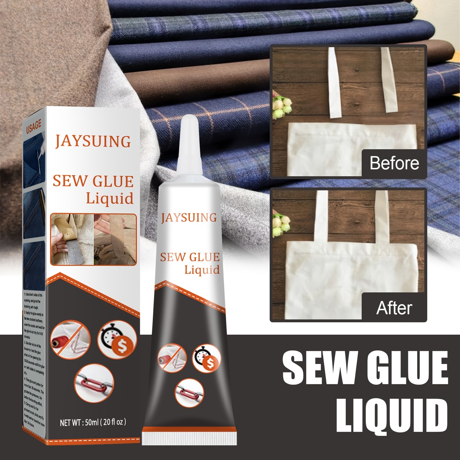 Cloth Repair Sew Glue,Fabric Sewing Adhesive for Jeans, Printing Pants,  Cotton Flannel,Denim Leather, Fast Dry and Clear Washable