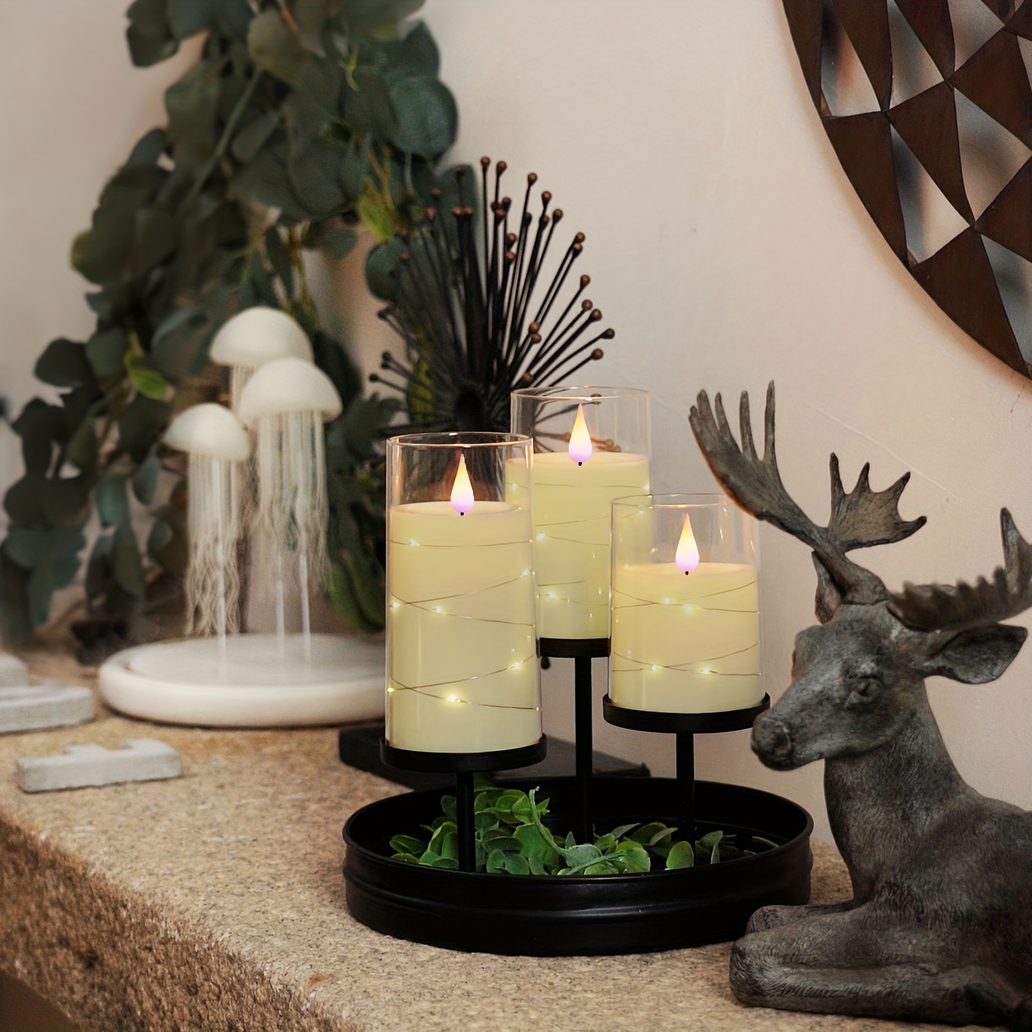 3pcs Flickering Flameless Candles With String Lights, Embedded String Lights LED Candles With Remote, Battery Operated Candles, Unbreakable Candles, I_voghion.com