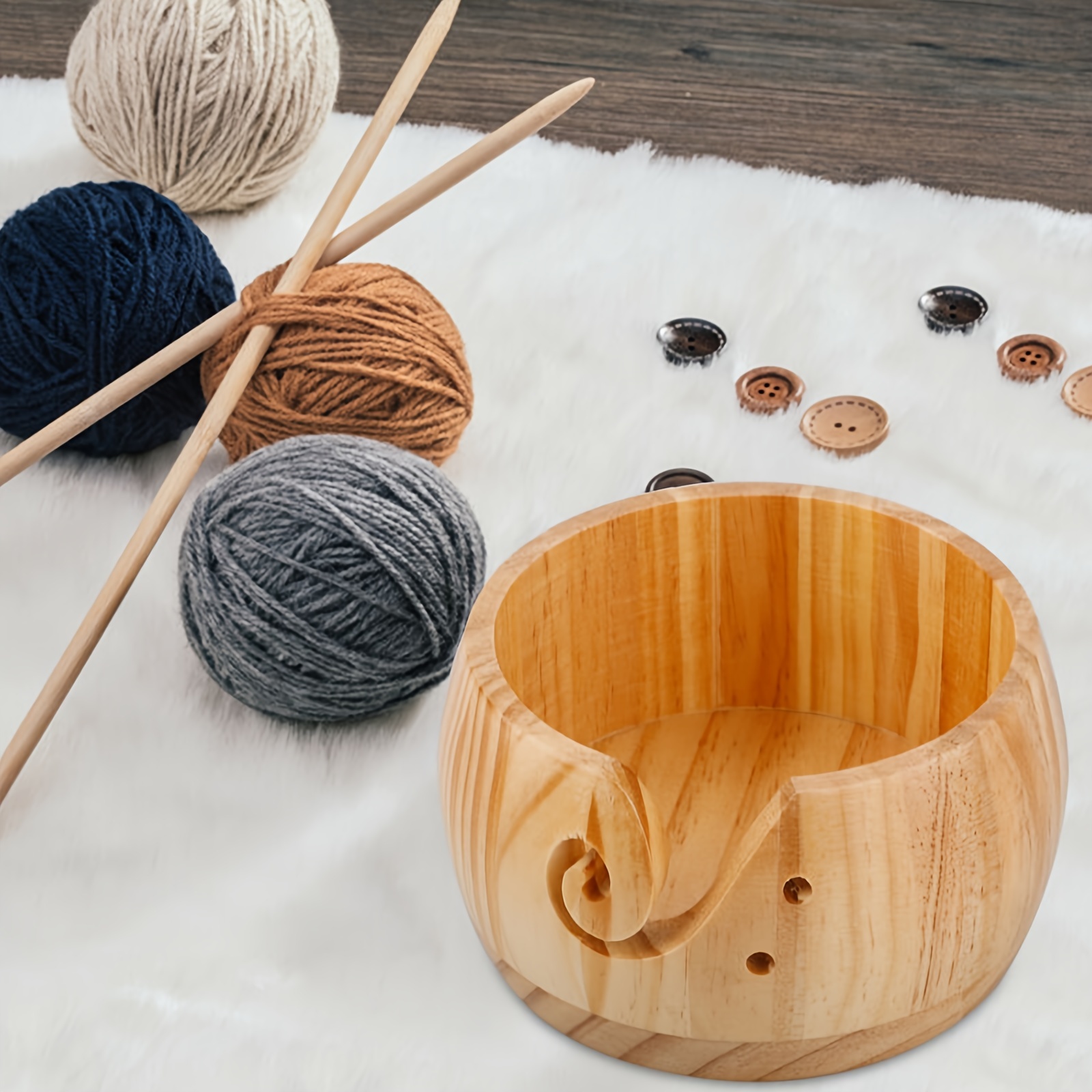 1pc Wooden Yarn Bowl With Handmade Holes, Knitting Crochet Weaving