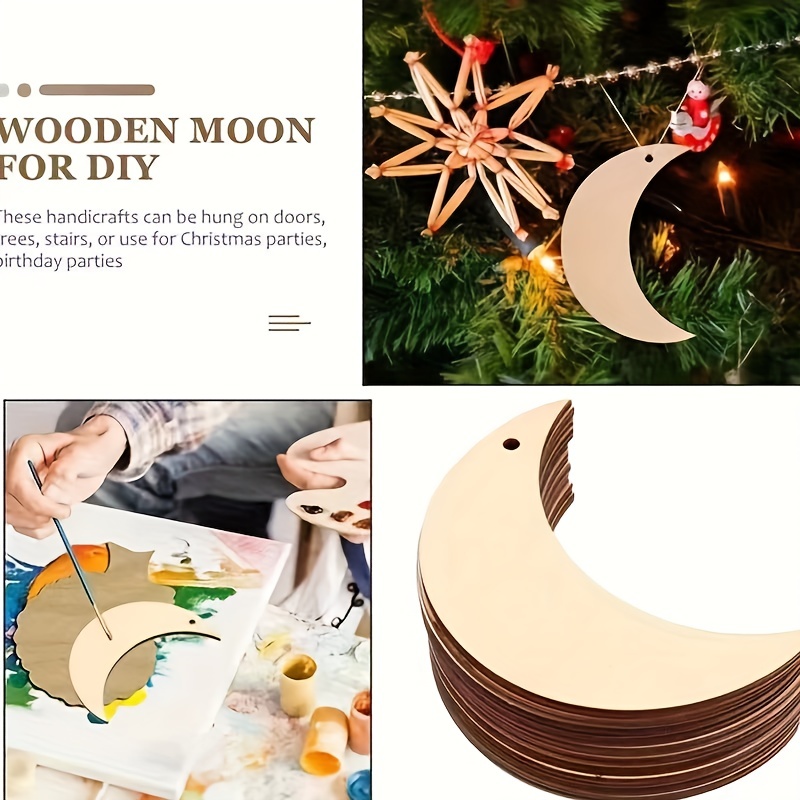 50pcs Home Square Painted Wooden Chip Pendants Christmas Wooden Stars Moon  White Embryo Creative Holiday Wall Crafts