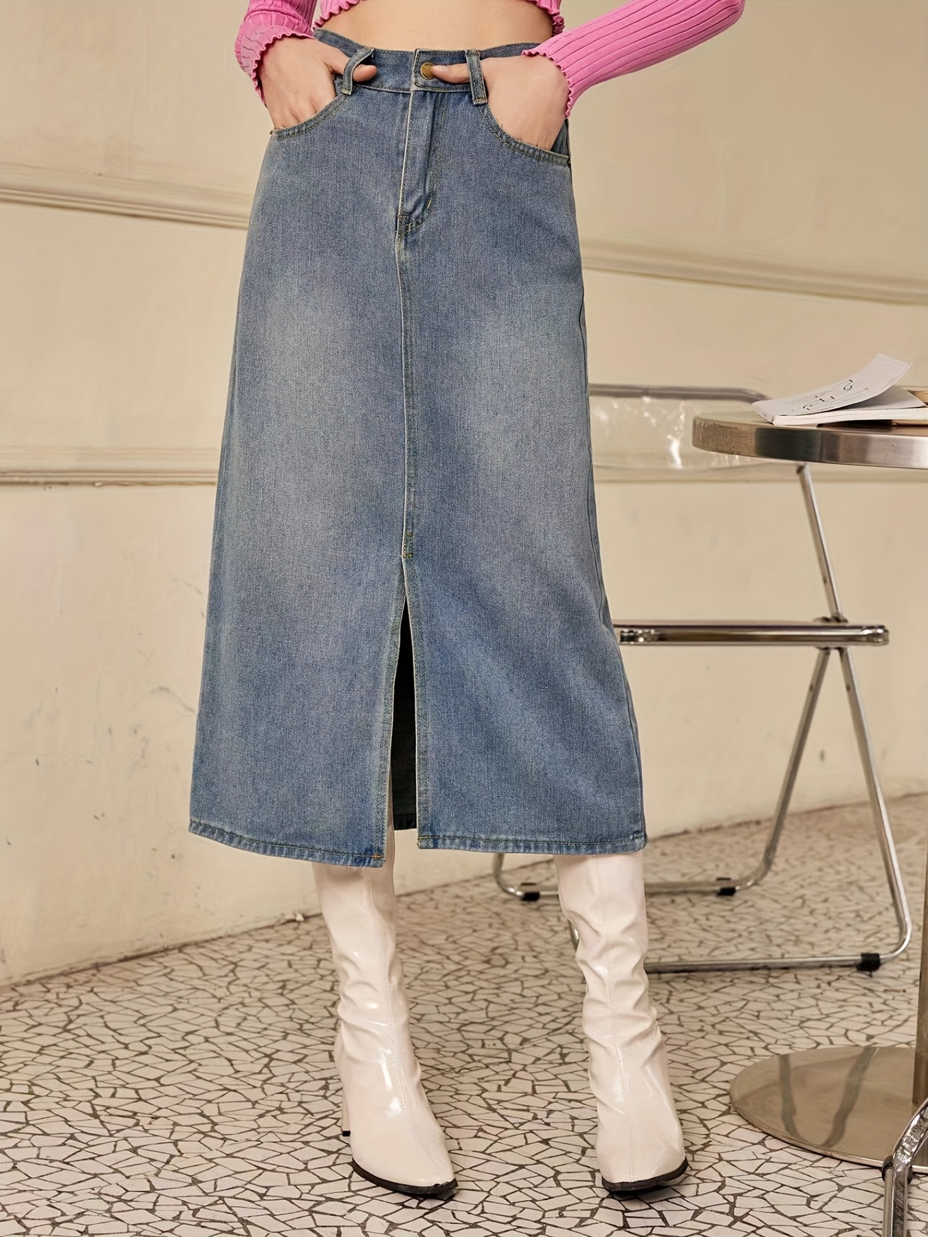 Front Slit Mid High Waist Denim Skirt Slash Pockets
