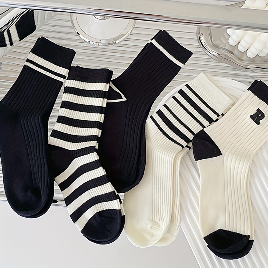 5 Pairs Black & White Unisex Socks, Trendy & Comfy Mid Tube Socks, Women's Stockings & Hosiery