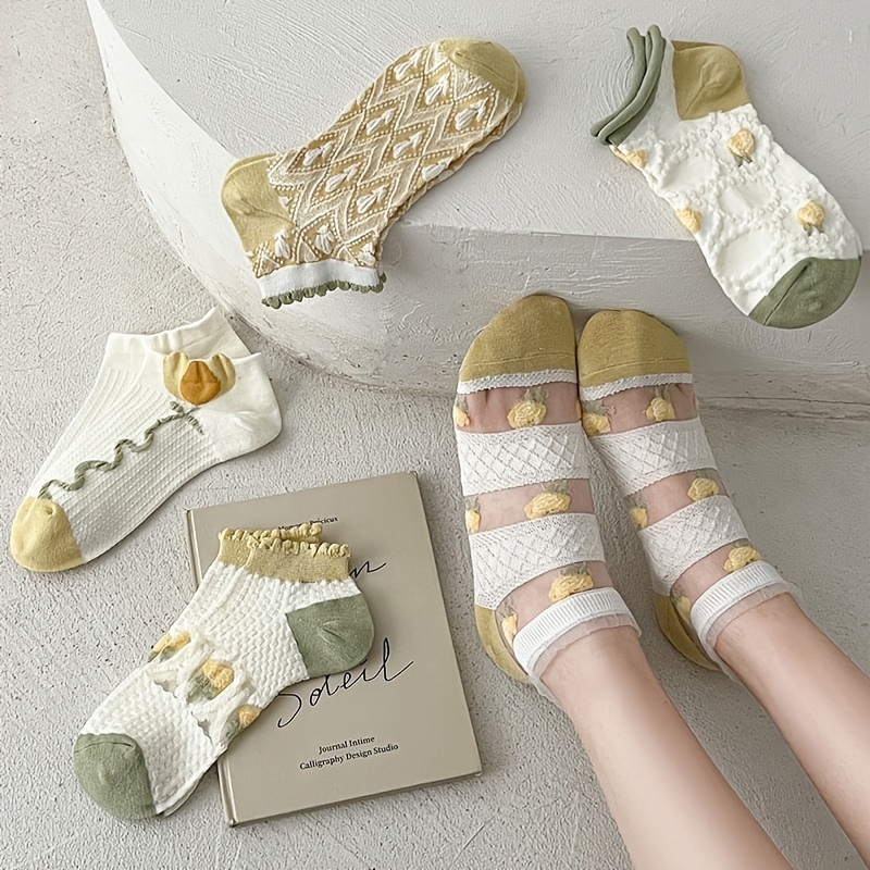 5 Pairs Floral Print Socks & Lightweight Low Cut Ankle Socks Women's Stockings