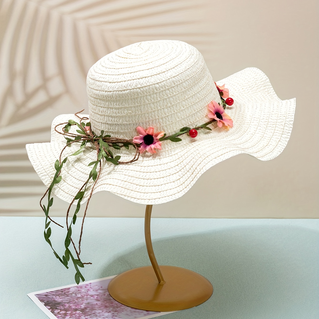 Ruffles Brim White Sun Hat, Bucket Hats Easter Garland Sunscreen UV Protection Straw Hat Breathable Trend Travel Beach Hats,Temu
