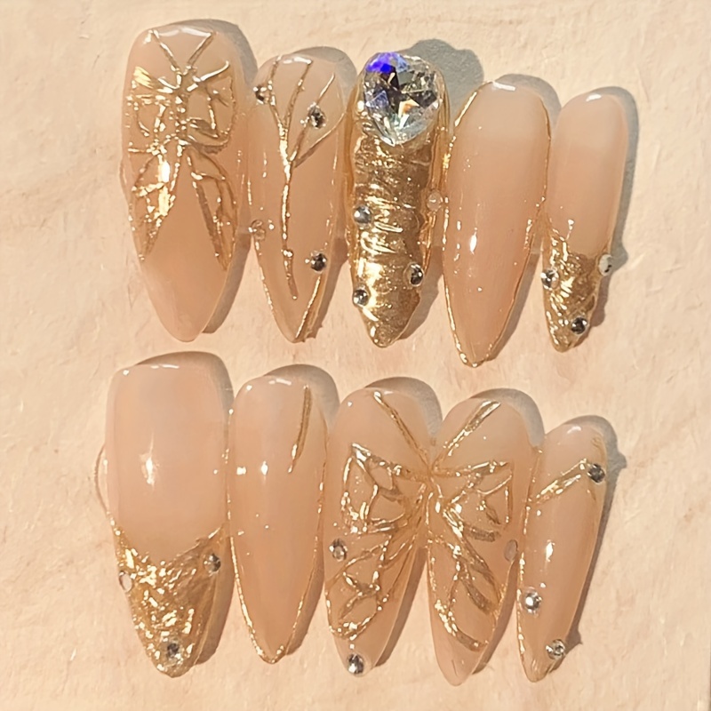 Golden Glitter Butterfly Press On Nails Luxury Aurora - Temu Australia