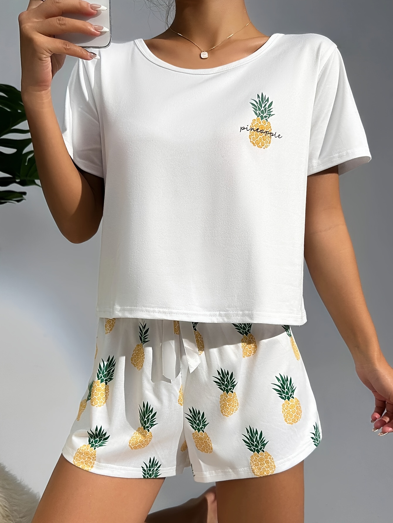 Pineapple Print Pajama Set Short Sleeve Crew Neck Top Temu