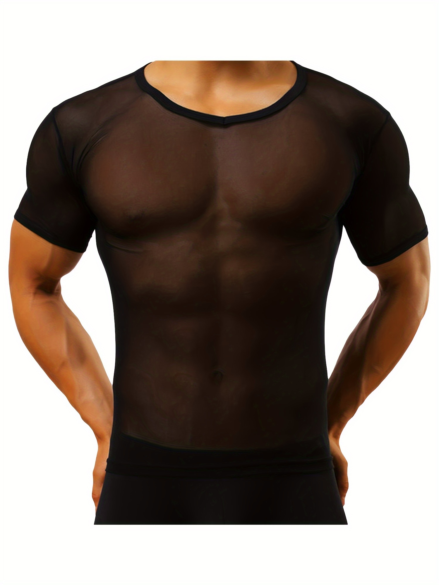 Men's Fishnet Shirt Fashion Short Sleeve Round Neck Hollow Out Top Gym  Workout See Through Muscle Mesh Shirt (Black, M) at  Men's Clothing  store