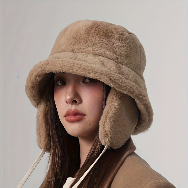 Detachable Ear Flap Hat Fuzzy Bucket Hat for Women Classic Solid Color Warm Basin Hat Lightweight Coldproof Fisherman Autumn & Winter,Temu