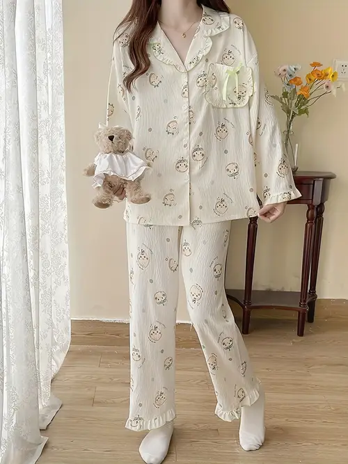 Vibrant Fruit Print Lounge Set - Women's Long Sleeve Button-Down Top & Ruffle Pants Sleepwear Set for Relaxation - Soft, Cozy, and Comfortable Loungewear for Home or Travel