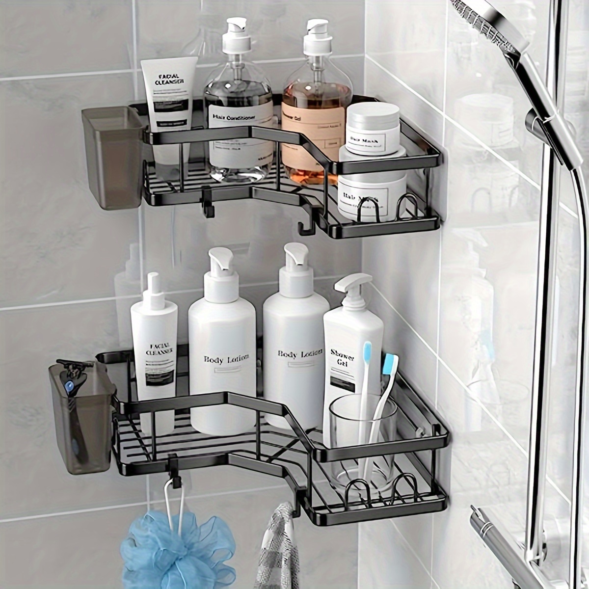Corner Shower Shelves, Bathroom Storage Rack With Hooks, Shower Shelf For  Inside Shower, Shampoo Soap Holder For Shower Wall, Bathroom Caddy  Organizer, Shower Caddy Basket, Bathroom Accessories - Temu