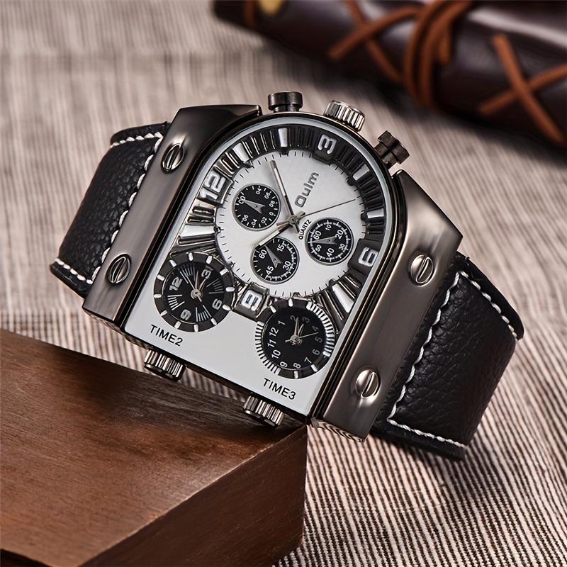 Oulm Men's Watch Sports Multi-Time Zone Pointer Square Quartz Watch Men's Accessories,Relojes para Hombres,Temu