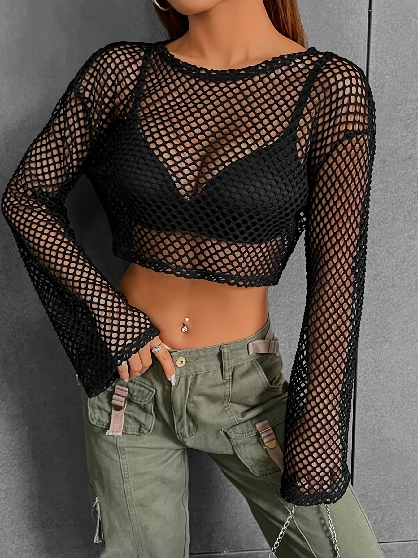Floral Embroidered Mesh Crop Top Sexy See Crew Neck Short - Temu