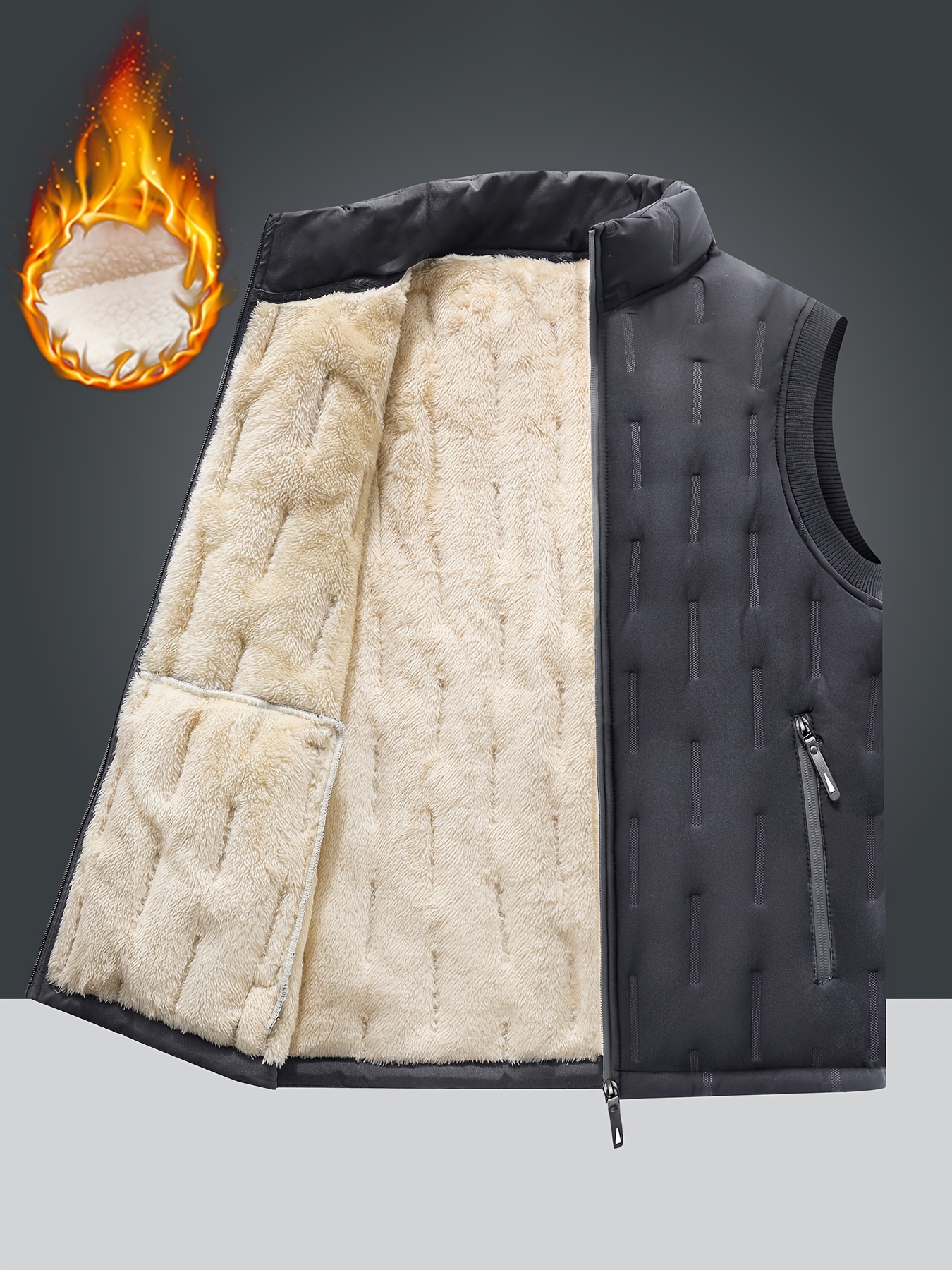 mens warm fleece winter vest casual stand collar warm thick zipper pockets vest