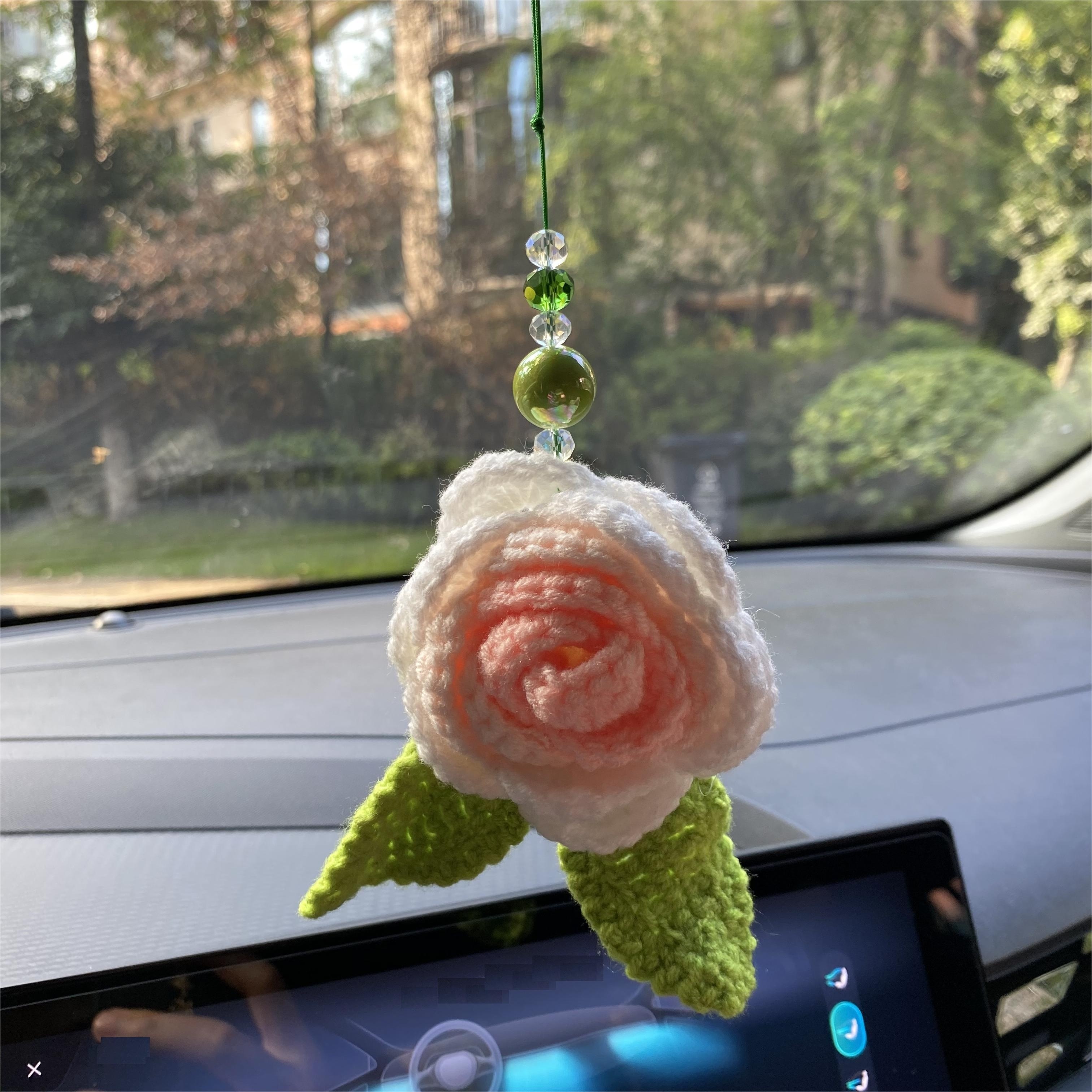 Crochet Car Accessories, Cute Potted Flower Crochet Car Mirror Hang  Accessories, Hang Rose Sunflower Daisy Car Ornament Rear View Mirror  Accessories