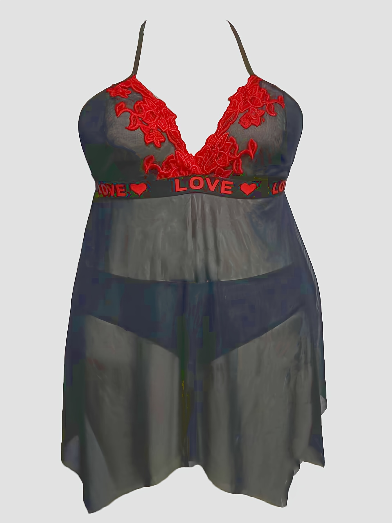 Plus Size Valentine's Day Sexy Lingerie Dress, Women's Plus Heart & Letter  Print Contrast Lace Trim Bow Decor Split Slips