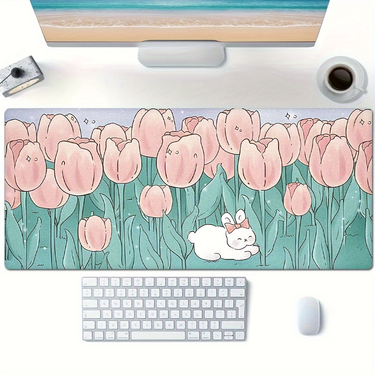 Kawaii Cartoon Rabbit Desk Mat, Tulip Desk Pad Anime Flowers