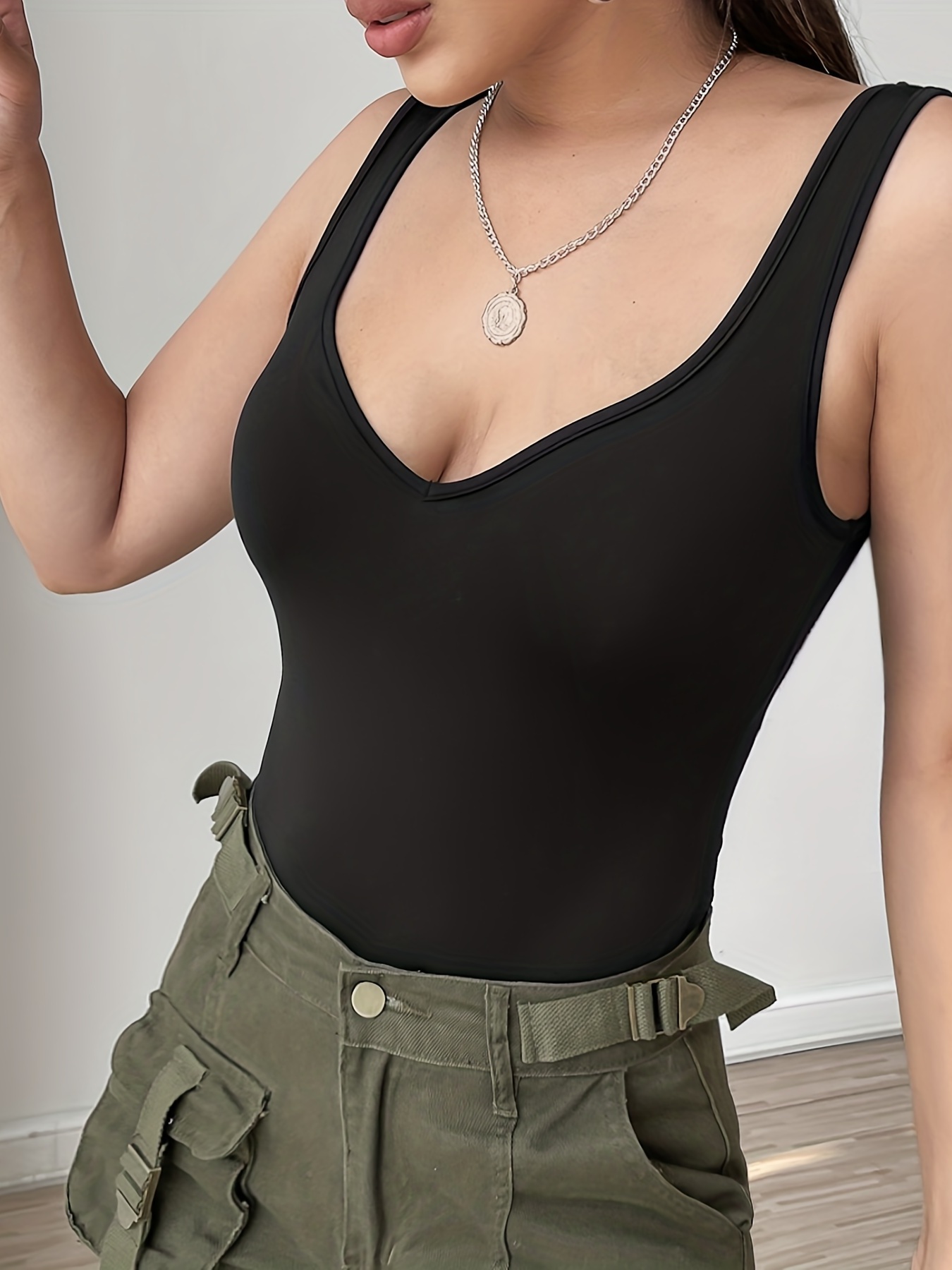 Solid Sleeveless Bodysuit, Sexy Slim V Neck Summer Bodysuit, Women's  Clothing - Temu Canada