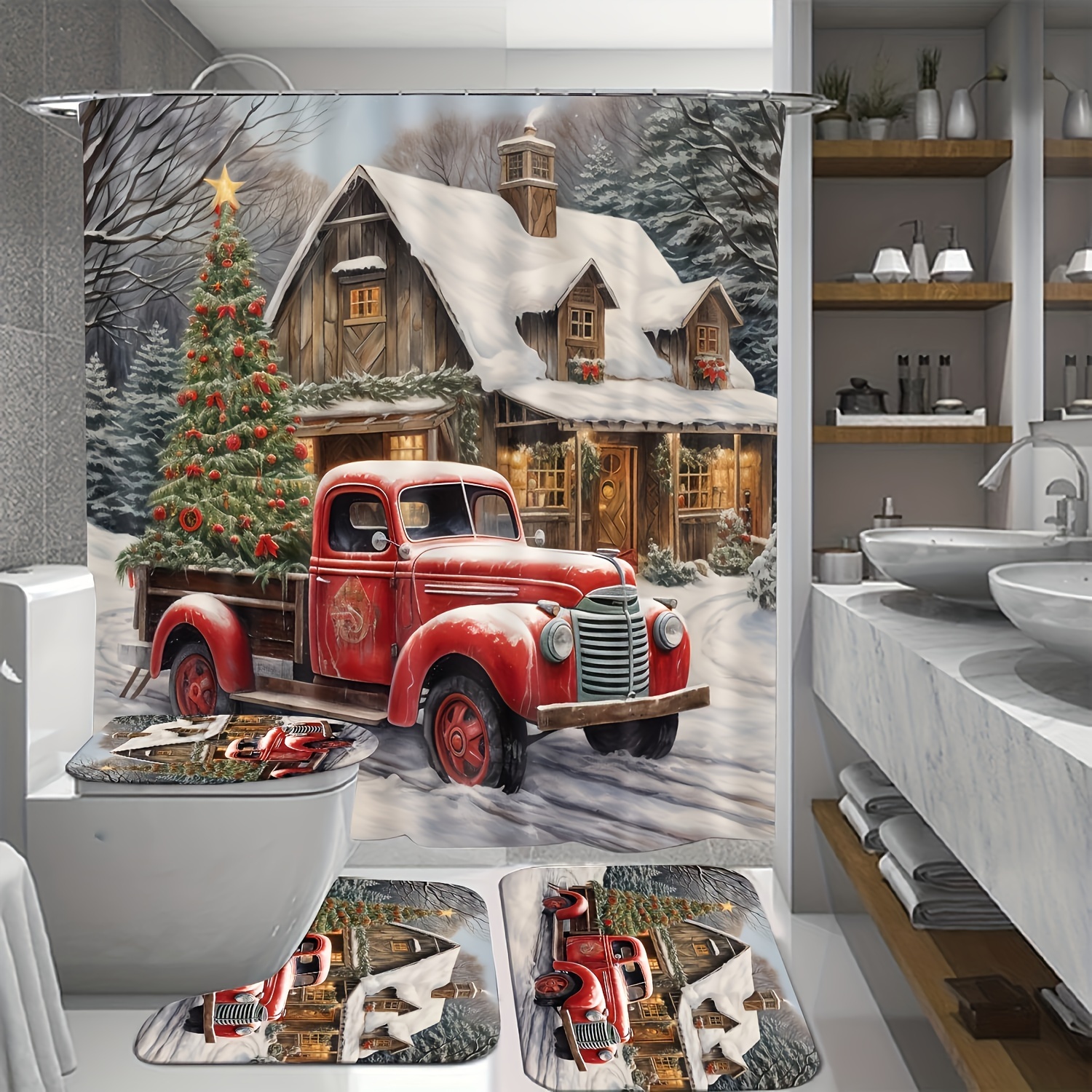 Christmas Tree Farmhouse Red Truck Snowman Shower Curtain Set for Bathroom  Decor