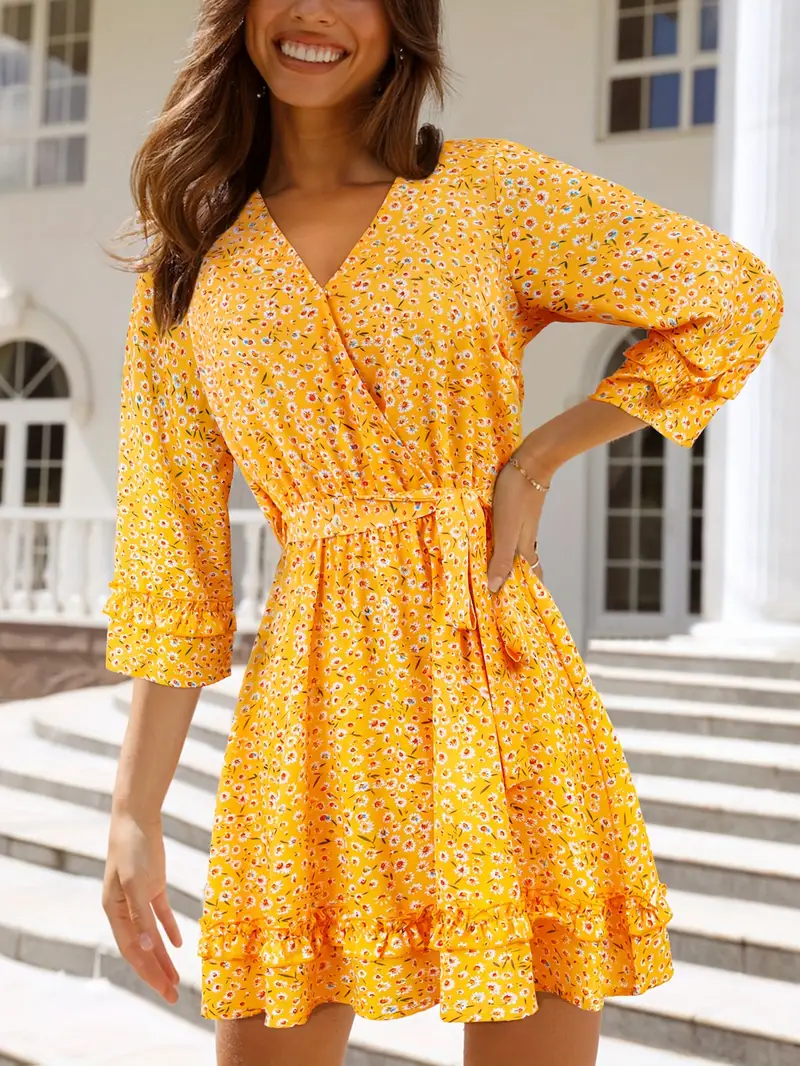 Yellow Ditsy Floral Print Tie Belt Beach Dress Surplice V - Temu
